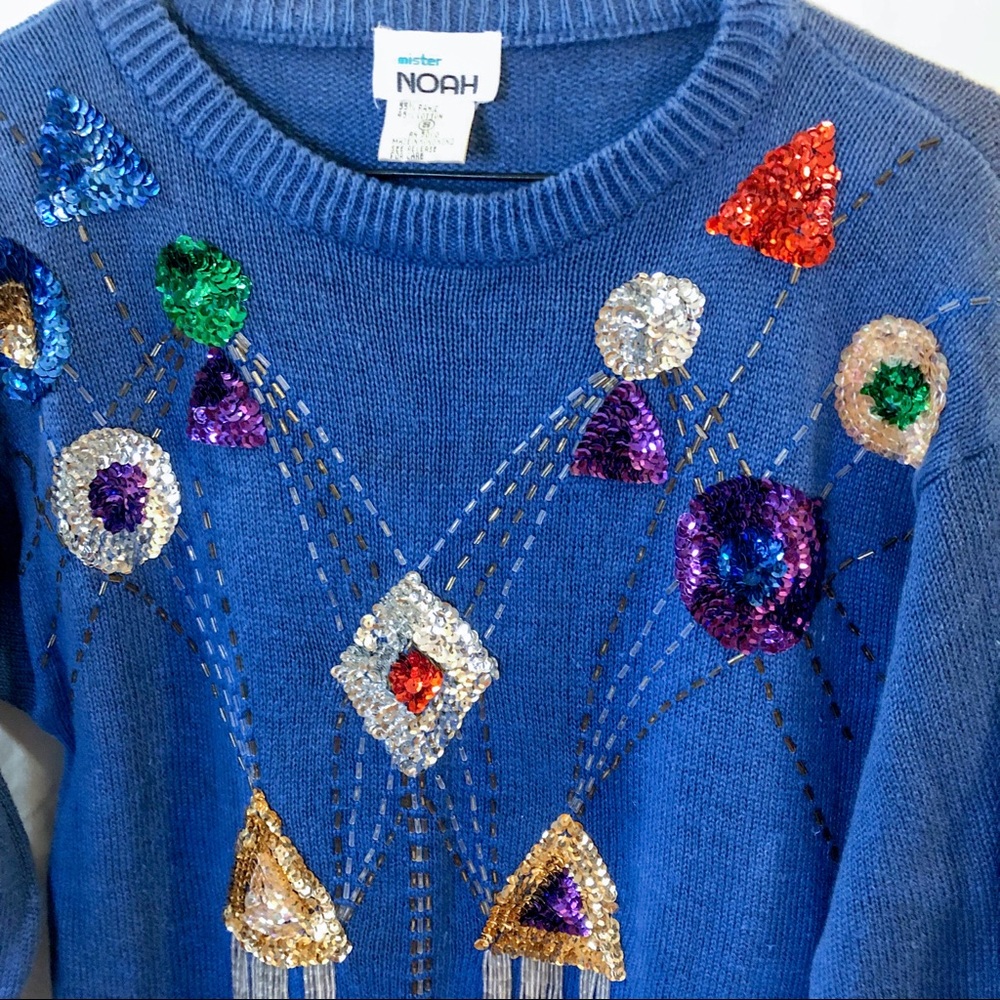Vintage 80s Sequin Blue Sweater Dress - Picture 6 of 16